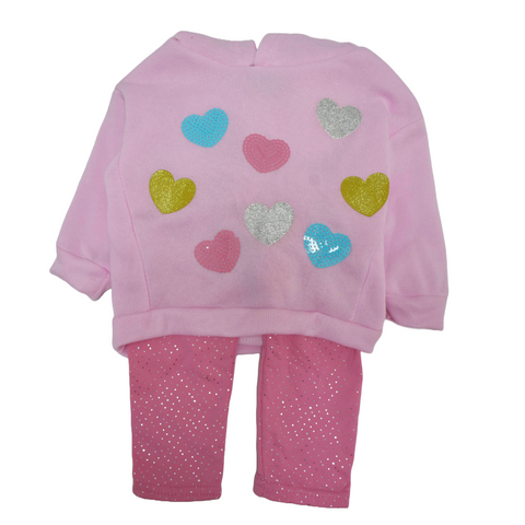 Conjunto 2 piezas: Sudadera con capucha diseño de corazones Flecee y Leggins rosado para niña.