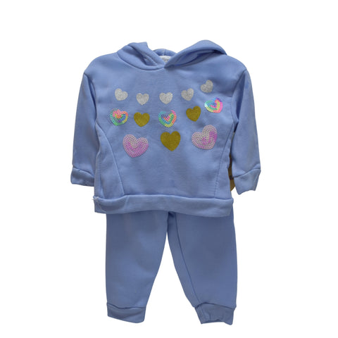 Conjunto 2 piezas: Sudadera con capucha diseño de corazones Flecee y pantalon celeste para niña.