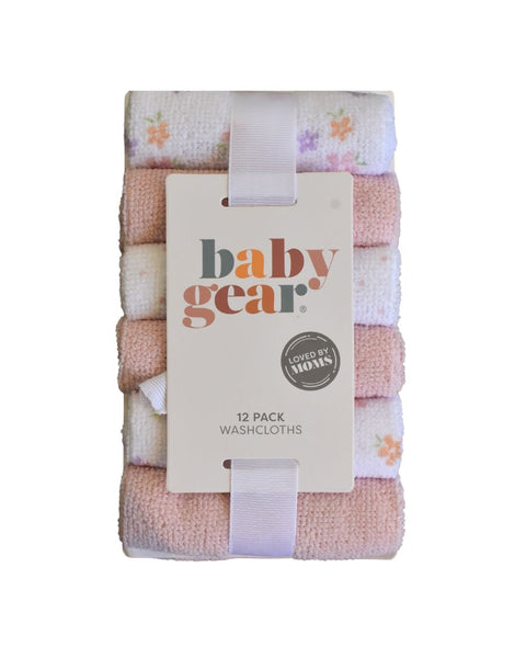 Paquete de 12 toallitas Baby Gear para niña, rosas y blancas con estampado floral, ideal para baño.