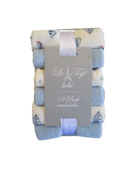 Pack de 12 toallitas Le Top para niño, diseño de barcos azules y blanco, suaves y absorbentes.
