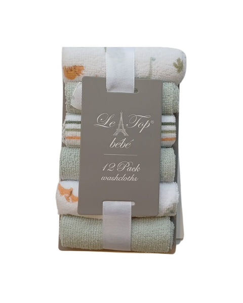 Paquete de 12 toallitas de bebé Le Top en tonos blancos y verdes con estampados y rayas, ideal para niño.