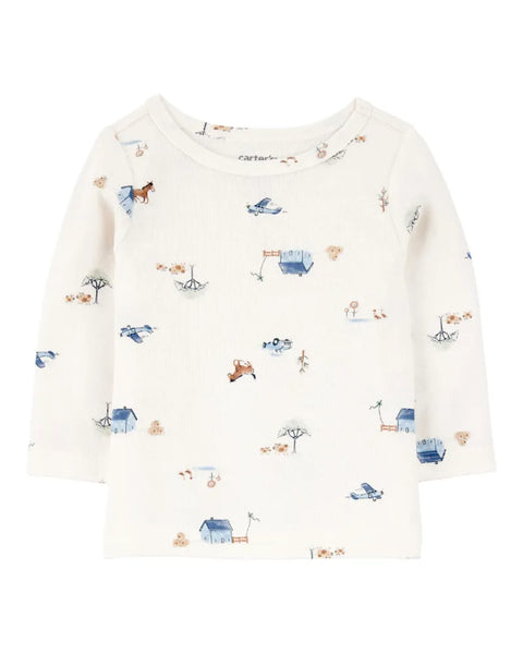 Conjunto Carters 2 piezas: overol con bolsa al frente y camisa manga larga, diseño de granja multicolor para niño
