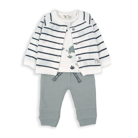 Conjunto Baby Bol 3 piezas: blusa manga corta, pantalón con elastico en los tobillos y bolsas a los lados y sueter con botones al frente multicolor de algodón para niña