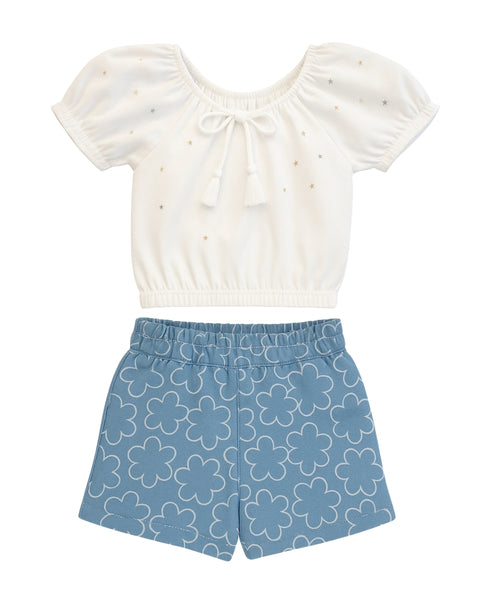 Conjunto Babyfair 2 piezas: blusa manga corta y pantaloneta estampado multicolor para niña