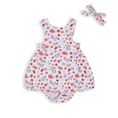 Conjunto Baby Bol 3 piezas: Vestido sin mangas estampado, con colzoncito y accesorio para el cabello de algodón color melocoton para niña