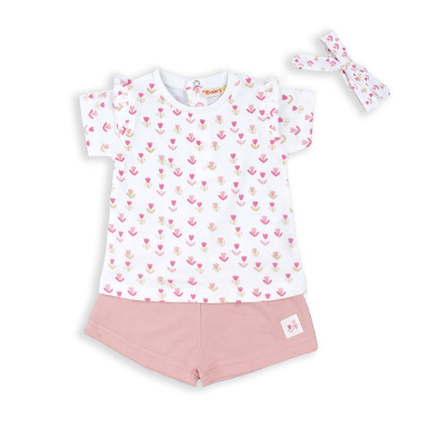 Conjunto Baby Bol 3piezas: blusa manga corta, Short y accesorio para el cabello estampado de flores, de algodón color rosado para niña