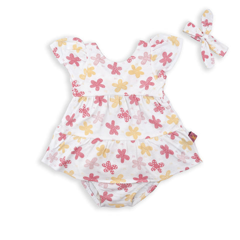 Conjunto Baby Bol 3 piezas: Vestido manga mariposa floreado, con calzoncito y accesorio para el cabello de color blanco para niña