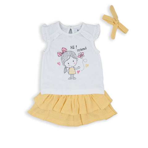 Conjunto Baby Bol 3 piezas: blusa sin mangas con diseño, faldita y accesorio para el cabello colo amarillo de algodón para niña