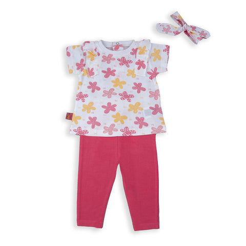Conjunto Baby bol 3 piezas blusa manga corta con vuelitos estampada, pantalón y accesorio para el cabello de algodón color fucsia para niña