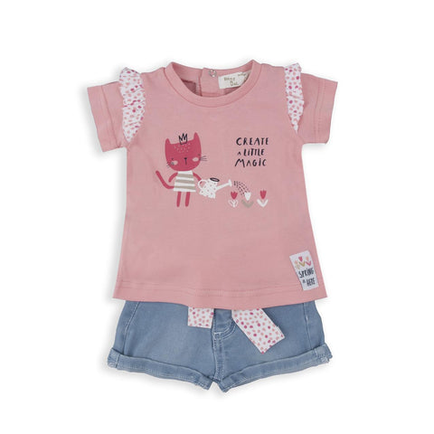 Conjunto Baby Bol 2 piezas: blusa manga corta con diseño y Short de algodón para niña