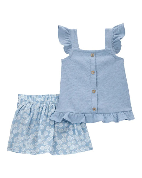 Conjunto Carters 2 piezas: falda con calzoncito y blusa con tirantes color celeste de algodón para niña