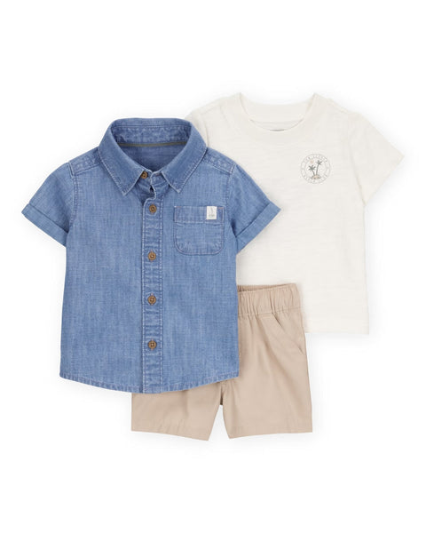 Conjunto Carters 3 piezas: pantaloneta, camisa manga corta con botones al frente y t-shirt manga corta diseño tropical de algodón para niño