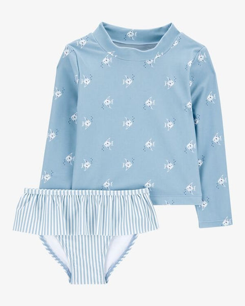 Traje de baño Carters 2 piezas: blusa manga larga y calzoncito color azul de licra para niña