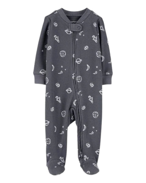 Pijama Carter con pies y zipper doble diseño de universo color gris de wafle para niño