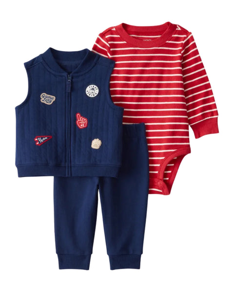 Conjunto Carters 3 piezas chaleco con zipper y bolsas, body manga larga y pantalón multicolor para niño