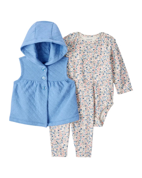 Conjunto Carters 3 piezas chaleco con capucha, body manga larga y leggins multicolor para niña