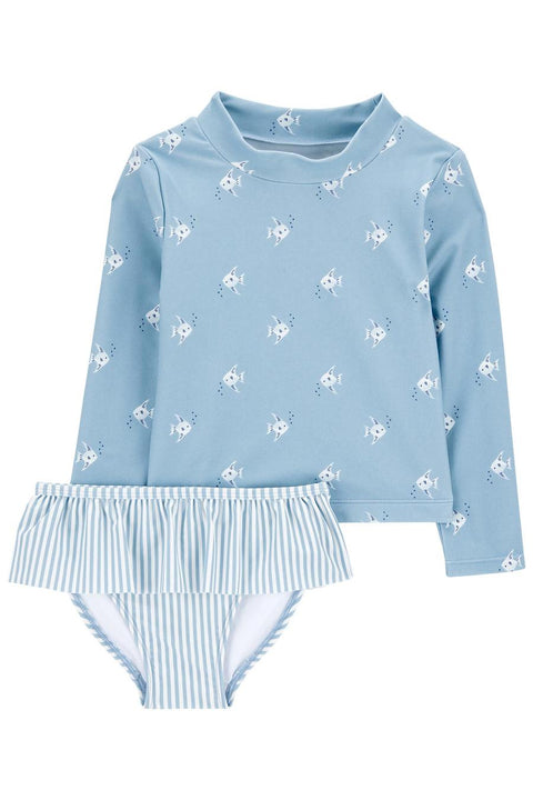 Traje de baño Carters 2 piezas: blusa manga larga y calzoncito color azul de licra para niña