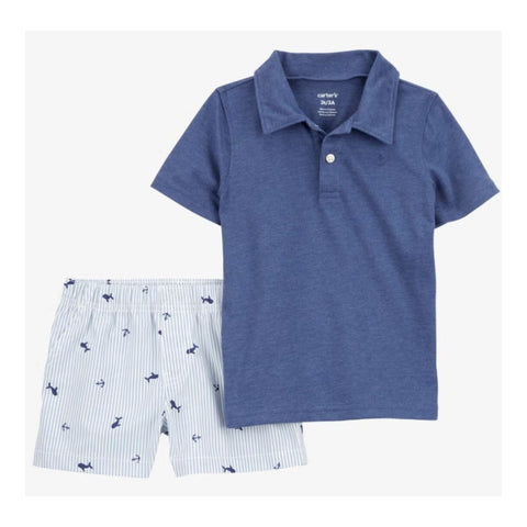 Conjunto Carters 2 piezas: camisa tipo polo manga corta y pantaloneta con diseño de ancla de algodón para niño