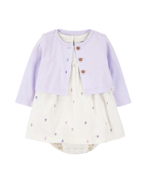 Conjunto Carters 2 piezas: cardigan y vestido con body manga corta con estampado multicolor para niña