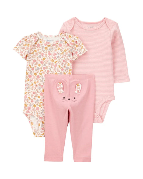 Conjunto Carters 3 piezas: body manga corta y larga pantalón diseño de ratoncito multicolor para niña