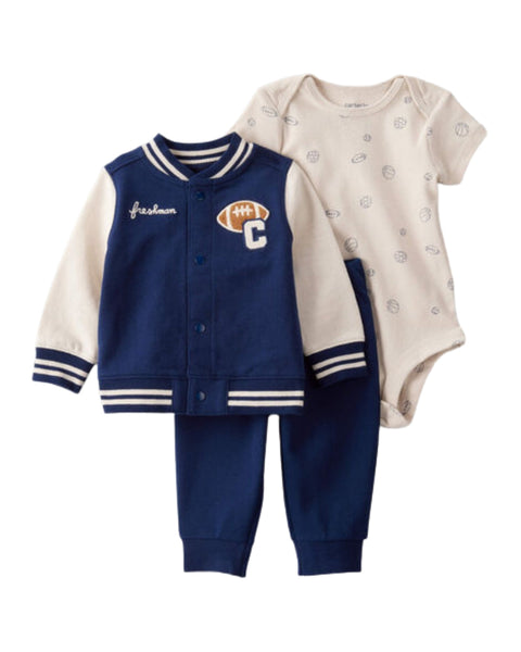 Conjunto Carters 3 piezas: chaqueta con botones, body manga corta y jogger multicolor para niño