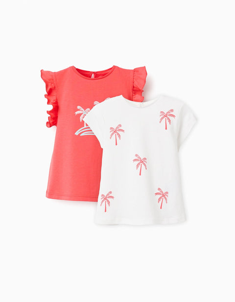 Pack de dos blusas Zippy para bebé niña, una coral con palmeras y otra blanca con estampado de