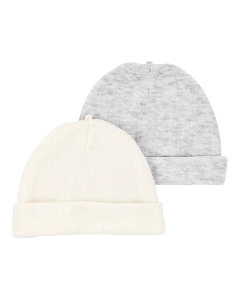 Pack de 2 gorritos Carters unisex para bebé 0-3M: uno crema y uno gris claro.