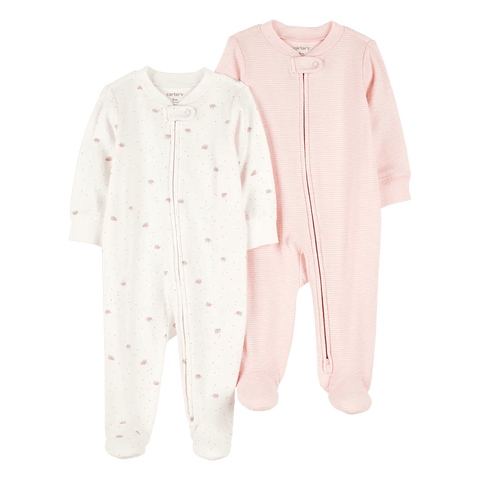 Set de 2 pijamas Carters de algodón para bebé niña, con pies, zipper, elefantes y rayas.