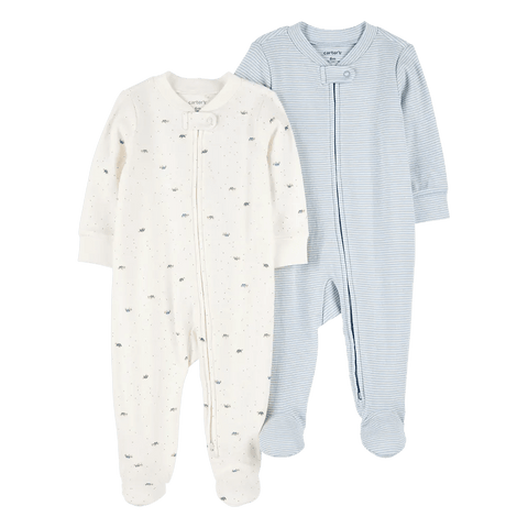 Set de 2 pijamas Carters de bebé: crema con tortugas y rayas azules, zipper y pies.