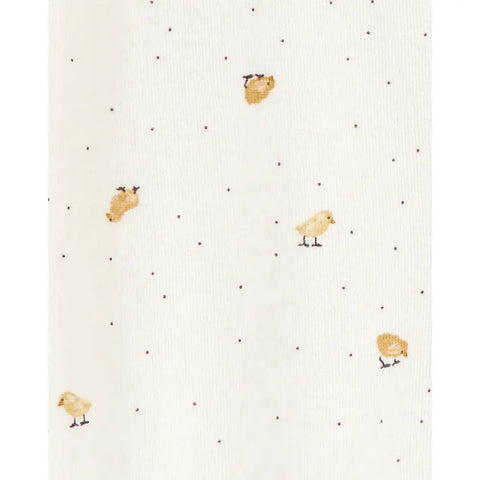 Pijama Carters de bebé en color crema con estampado de pollitos y puntos negros, unisex.