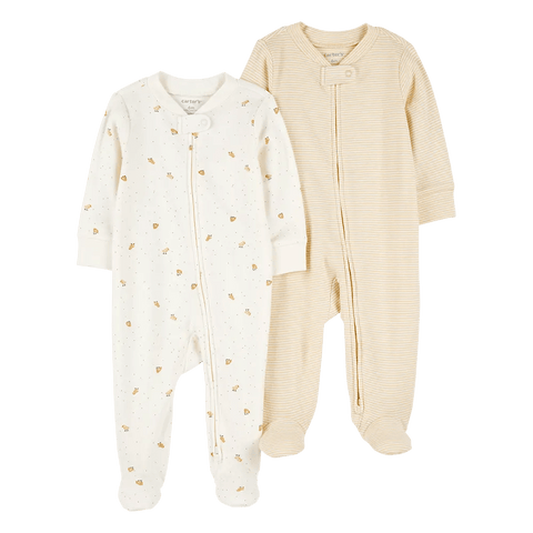 Pack de 2 pijamas Carters unisex para bebé con pies, una rayada y otra con diseño de pollitos.