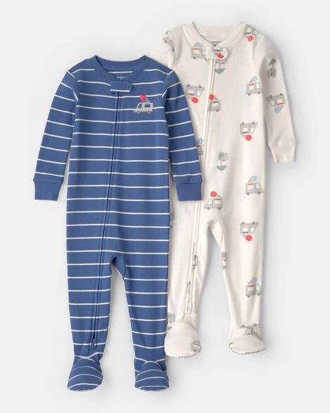 Pack de 2 pijamas Carter's de algodón para niño: azul a rayas con camper y crema estampada.