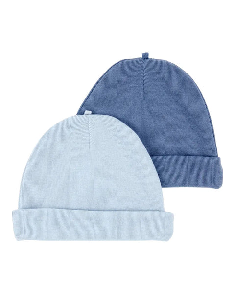Pack de 2 gorritos Carters para bebé niño 0-3M. Uno celeste y otro azul, suaves y cómodos.