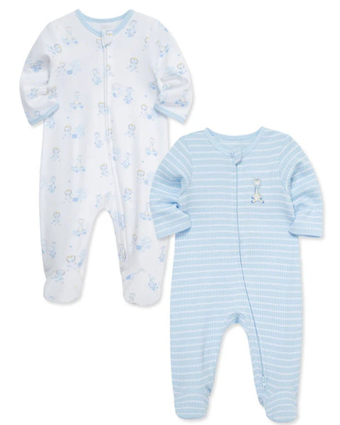 Pijama bebé niño blanco con estampado safari celeste, zipper y pies Little Me.