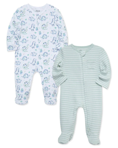 Set de 2 pijamas de algodón Little Me para niño: uno blanco con dinosaurios, otro verde a rayas.