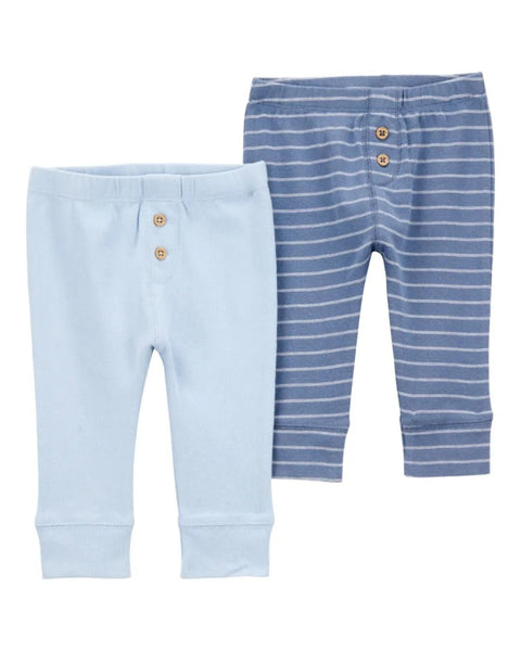 Pantalones Carters 2 Pack para bebé niño: uno celeste liso y otro azul con rayas de algodón.