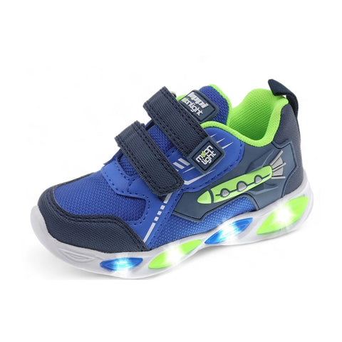 Zapato Beppi con luces, en piel sintética y textil, con estampado y dos cinchos de velcro para un buen ajuste del pie, suela con luz LED color azul para niño