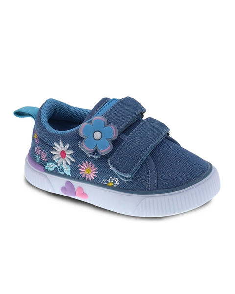 Zapato Casual Beppi con dos cincho de lona diseño de flores, suela antideslizante aromática color azul para niña