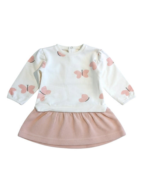Conjunto Baby Bol 2 piezas: sueter diseño de mariposas y falda color rosado para niña