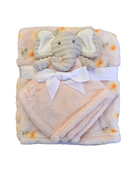 Set de frazadas de bebé rosado con estampado floral y elefante de juguete, ideal para niña