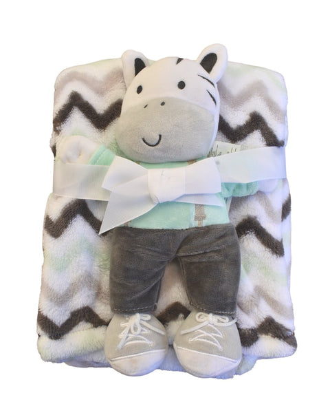 Set Baby Gear con frazada suave de zigzag en tonos neutros y muñeco cebra sonriente para bebé.