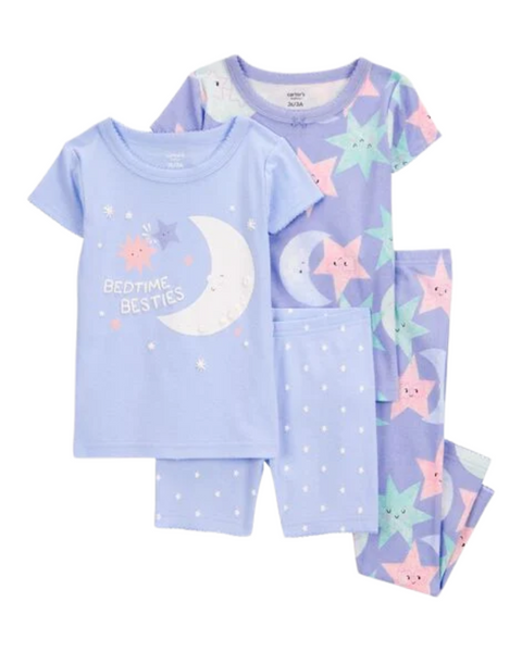 Pijama Carters 4 piezas: 1 pantalón, short y2 blusas de manga corta diseño de estrellas color morado para niña