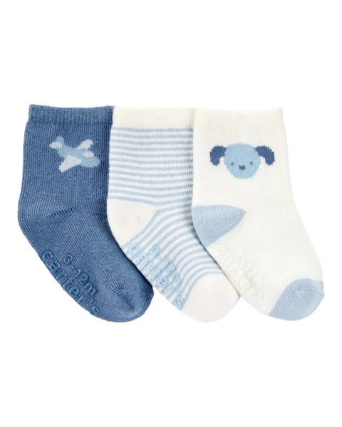 Set 3 calcetines Carters bebé niño: azul avión, rayas celestes y blanco perrito. Tallas disponibles.