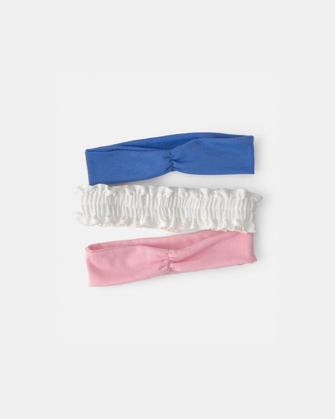 Set de 3 diademas Carter's para bebé: una azul lisa, una blanca fruncida y una rosa suave.