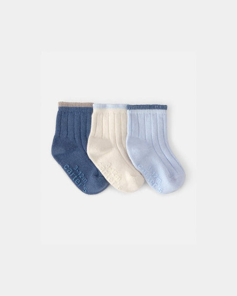 Pack de 3 calcetines acanalados Carter's para bebé niño, azul, crema y celeste, talla 3-12M.