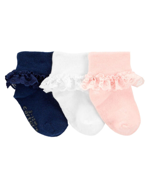 Pack de 3 calcetas de niña Carter's con ruffles en azul marino, blanco y rosa, para 3-12 meses.