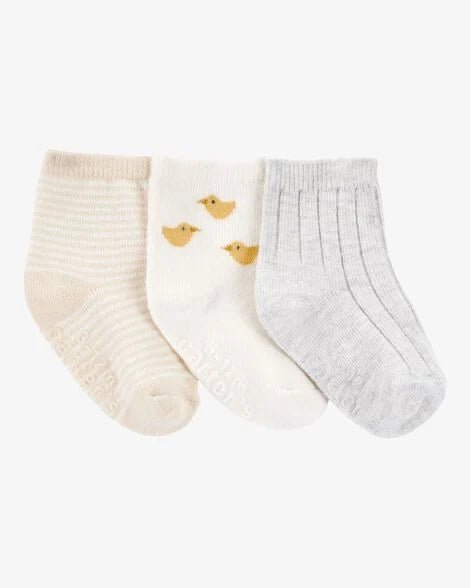 Pack de 3 calcetines de bebé unisex: rayas beige, blanco con patitos amarillos y antideslizante, gris acanalado.