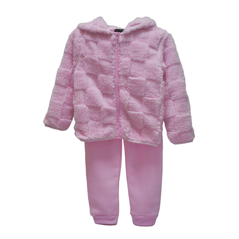 Conjunto Sherpa 2 piezas: sudadero con capucha y zipper, Jogger rosado para niña