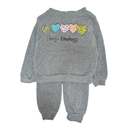 Conjunto 2 piezas: Sudadera con capucha diseño de corazones Flecee y pantalon gris para niña.
