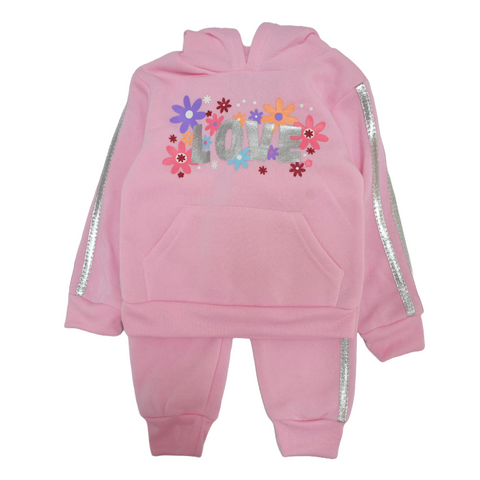 Conjunto 2 piezas: Sudadera con capucha diseño Love Flecee y pantalon rosado para niña.
